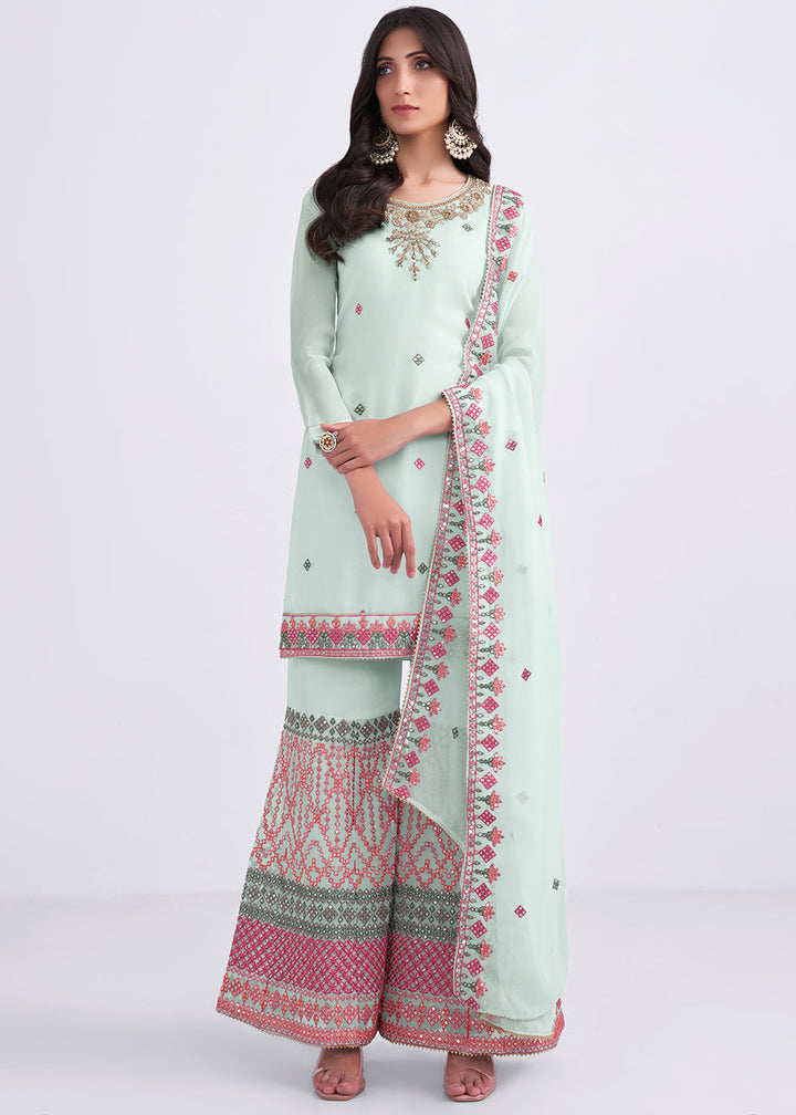 Arctic Blue Designer Georgette Embroidered Suit