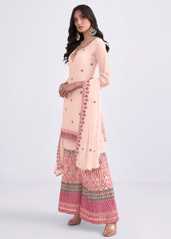 Peach Pink Designer Georgette Embroidered Suit