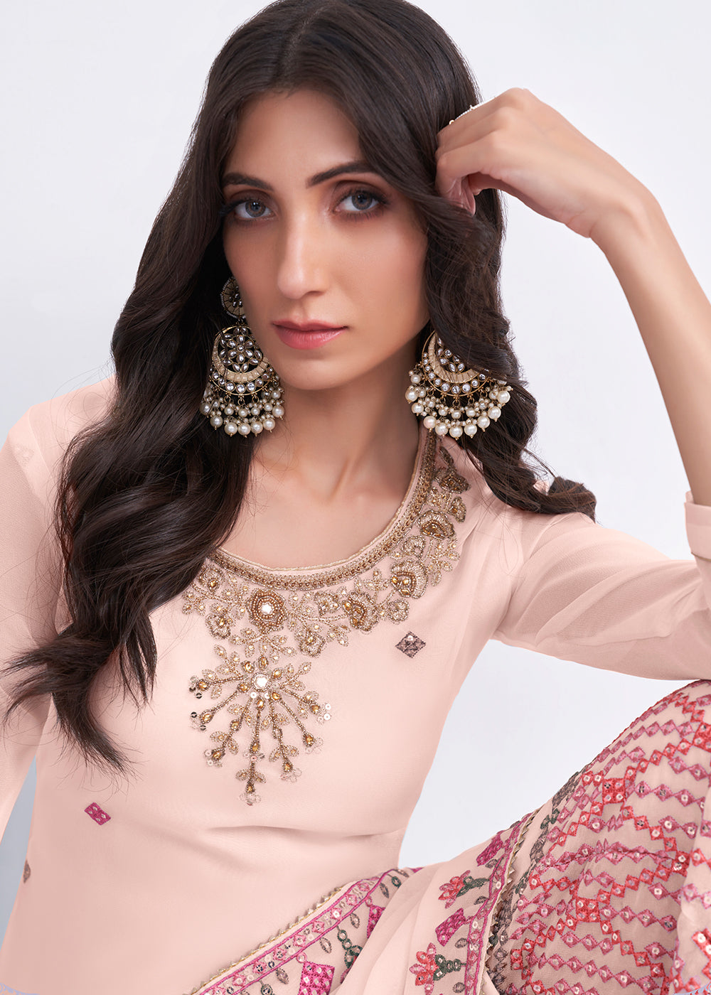 Peach Pink Designer Georgette Embroidered Suit