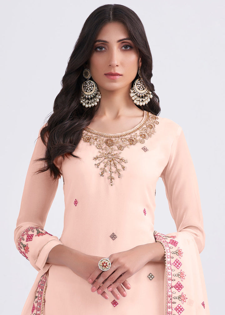 Peach Pink Designer Georgette Embroidered Suit