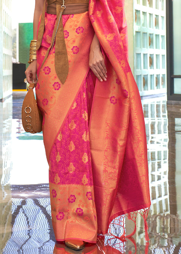 Pink & Orange Zari Woven Banarasi Silk Saree