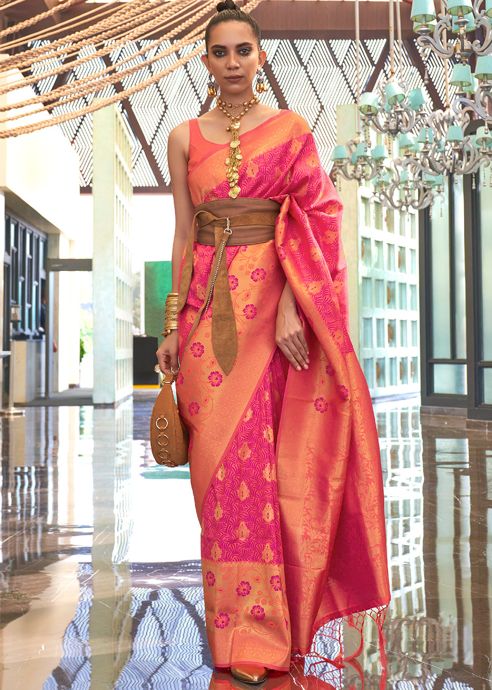 Pink & Orange Zari Woven Banarasi Silk Saree