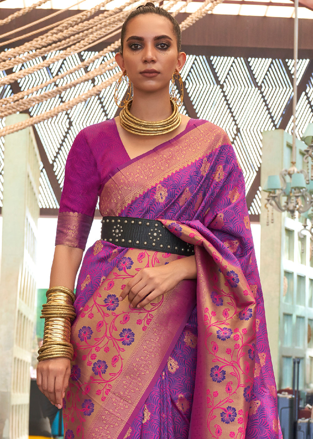 French Purple Zari Woven Banarasi Silk Saree