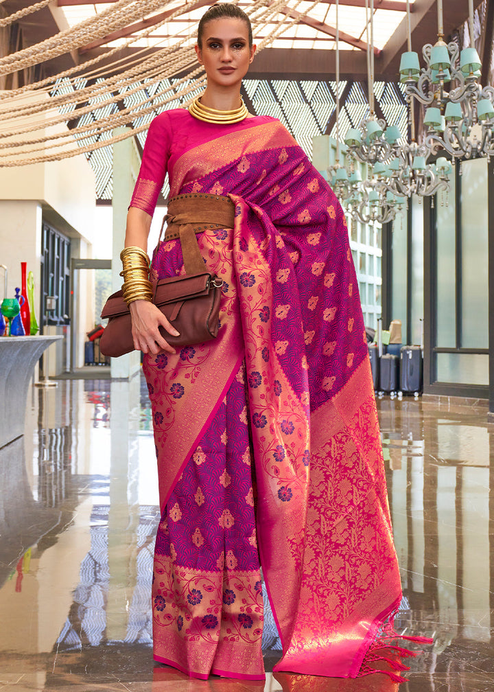 Purple & Pink Zari Woven Banarasi Silk Saree