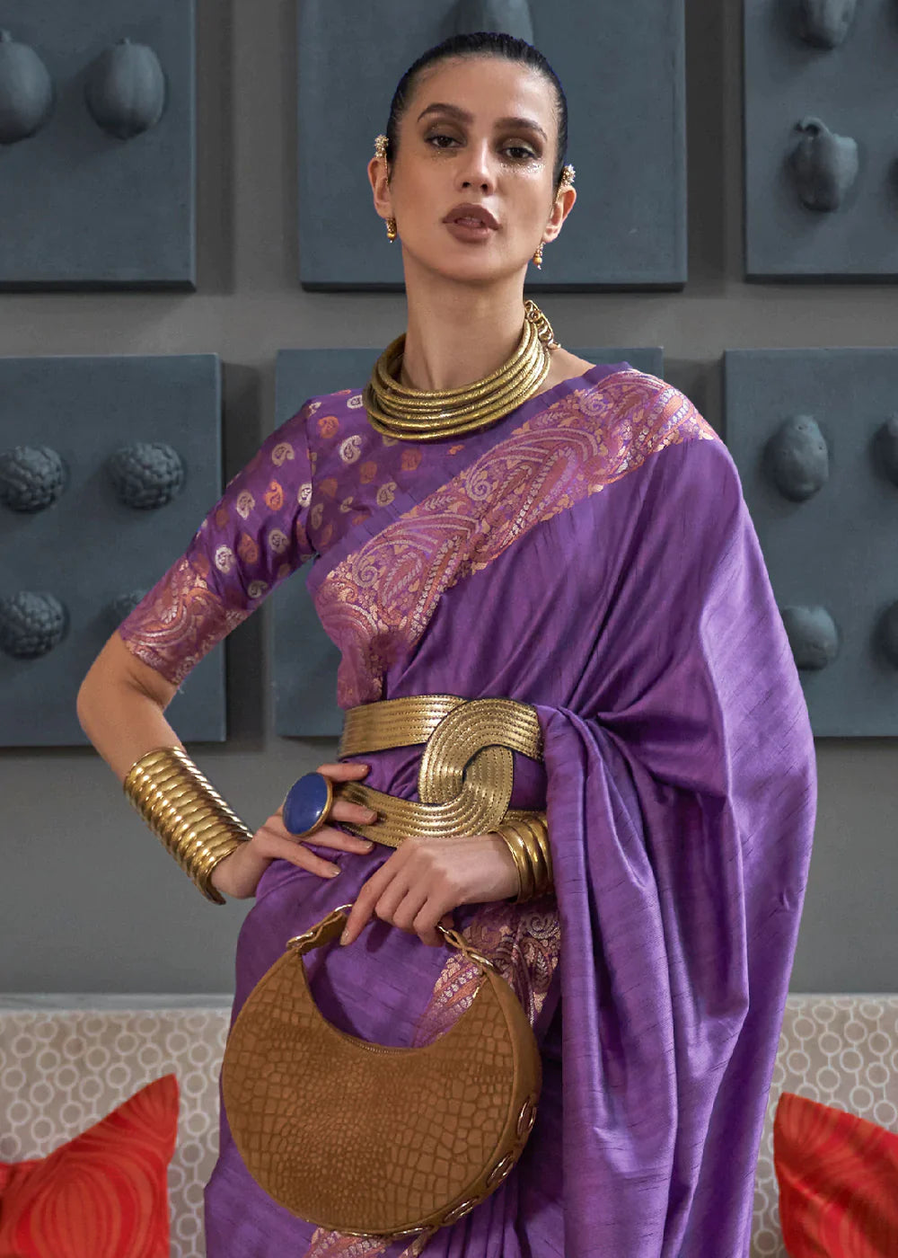 Indigo Purple Copper Zari Handloom Weaving Tussar Silk Saree