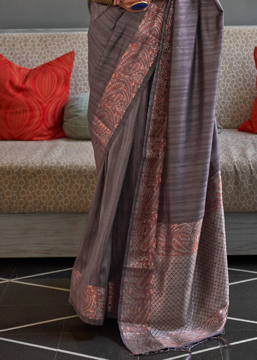 Stormy Grey Copper Zari Handloom Weaving Tussar Silk Saree