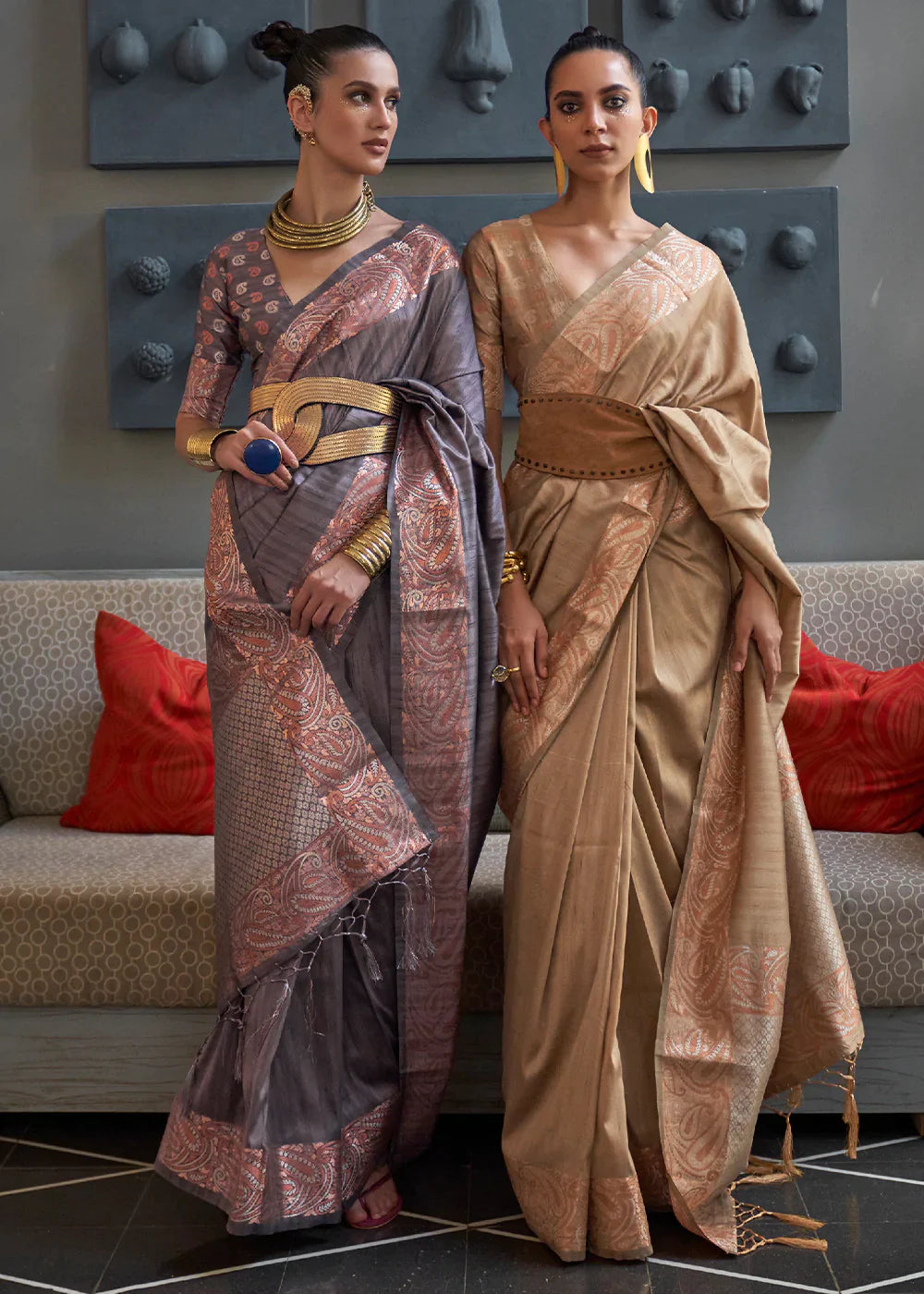 Stormy Grey Copper Zari Handloom Weaving Tussar Silk Saree