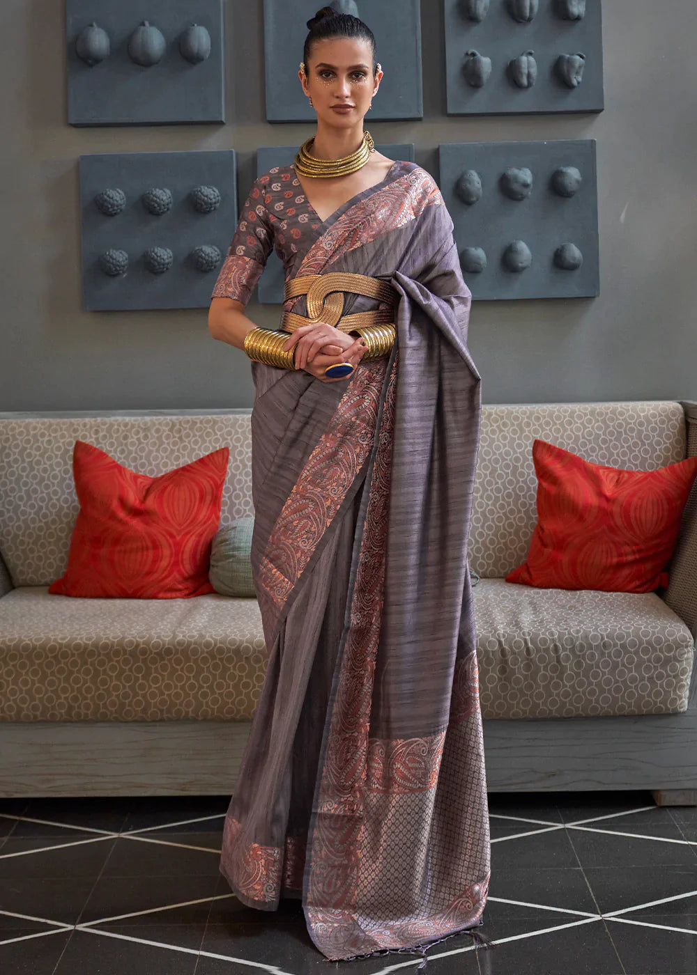 Stormy Grey Copper Zari Handloom Weaving Tussar Silk Saree