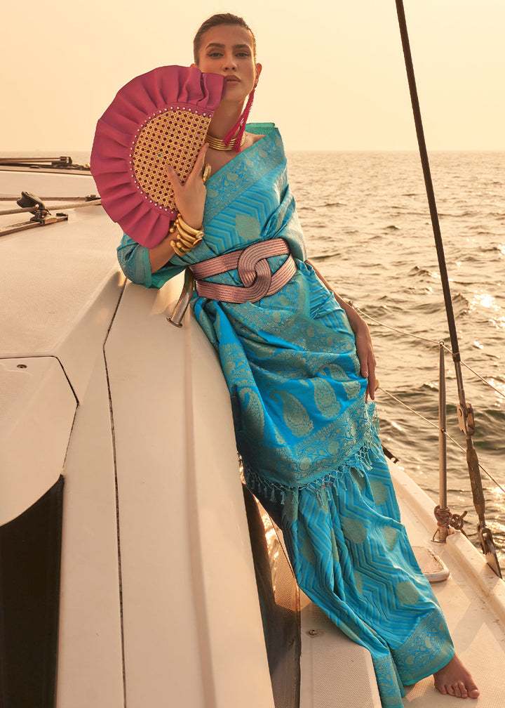 Cerulean Blue Two Tone Designer Satin Silk Saree