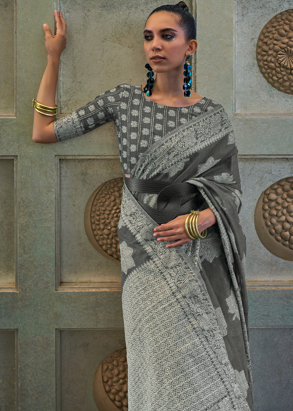 Iron Grey Chikankari Weaving Silk Saree with Sequins work