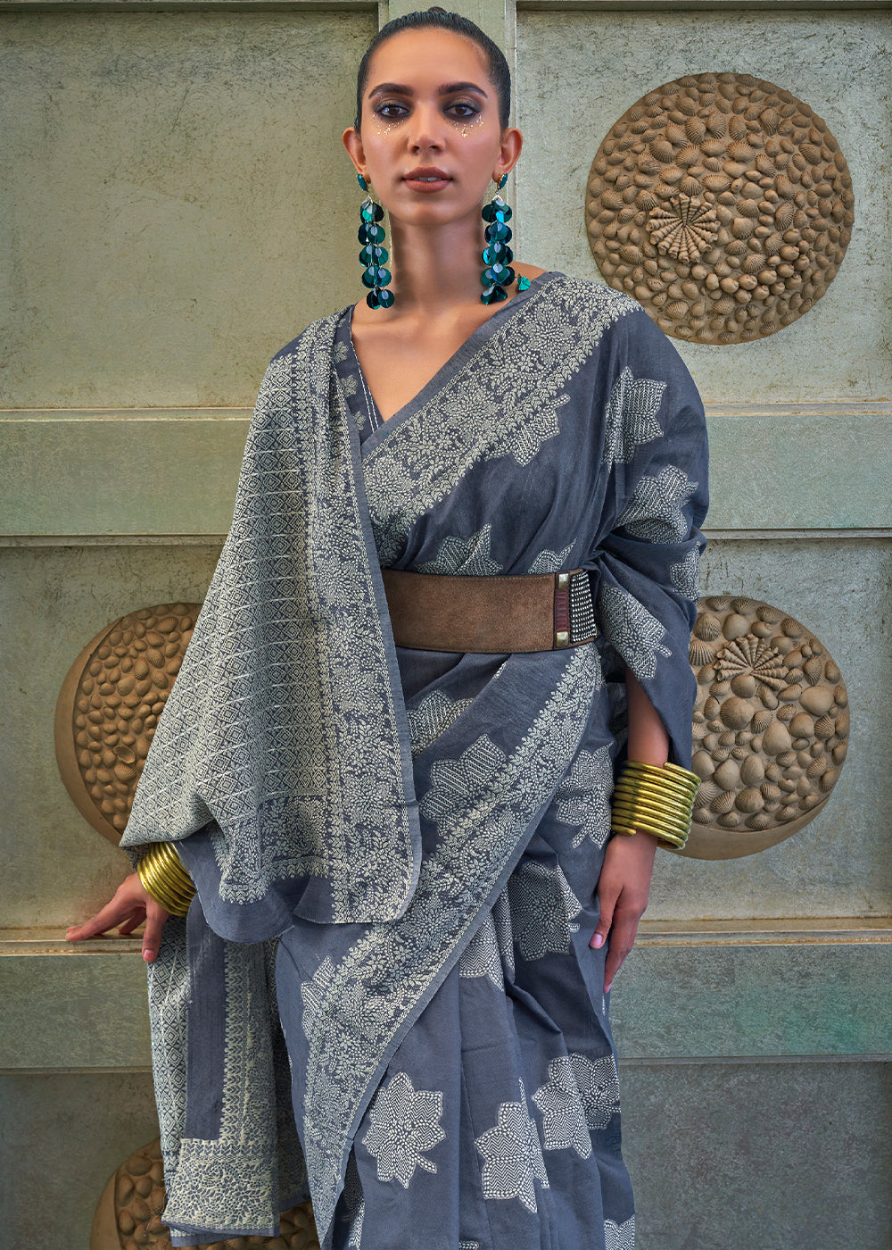 Porpoise Grey Chikankari Weaving Silk Saree with Sequins work