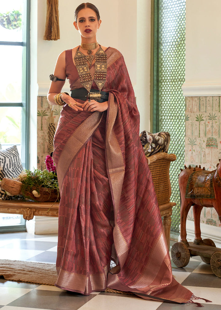 Chestnut Brown Two Tone Handloom Weaving Organza Silk Saree