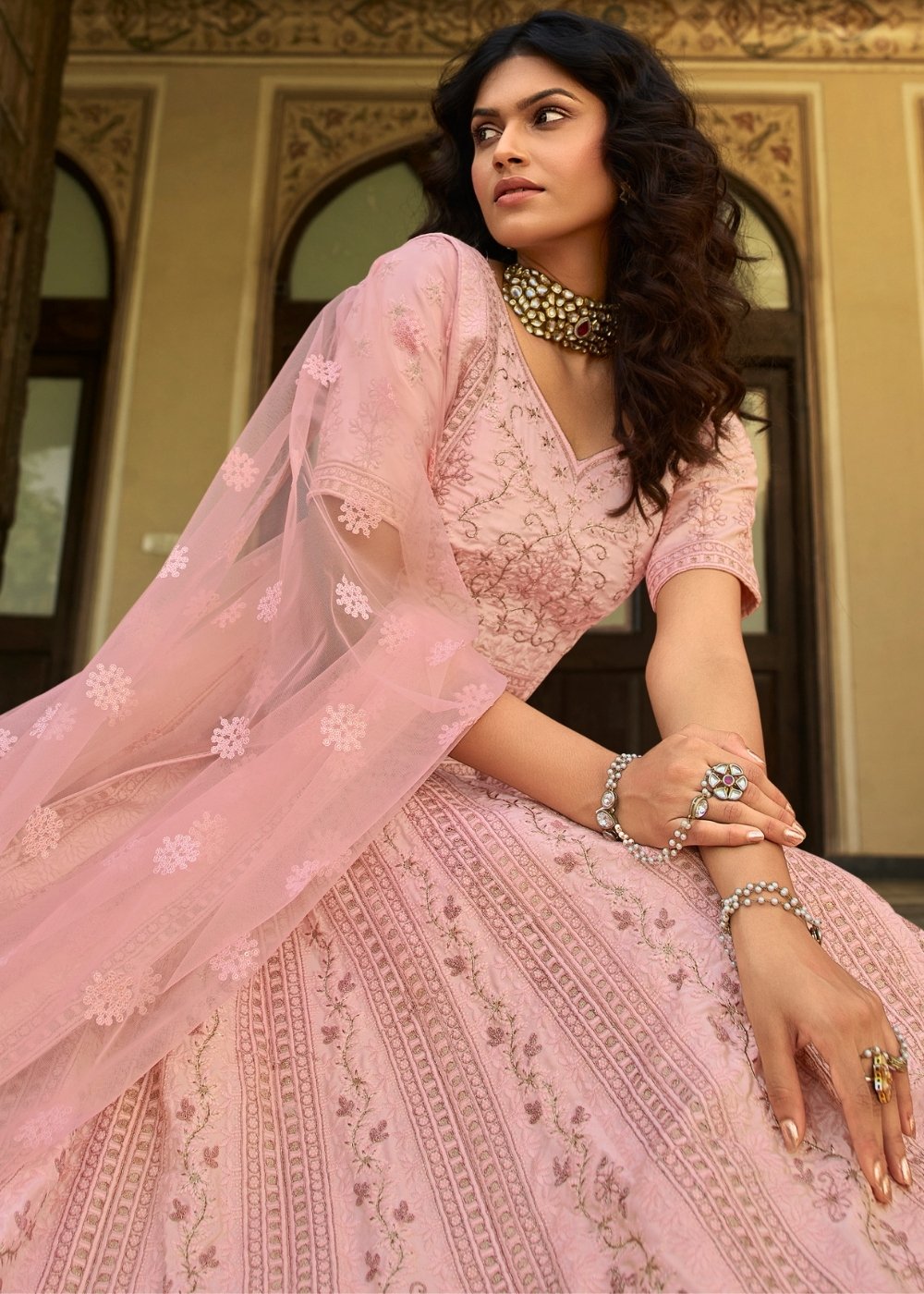 Baby Pink Organza Lehenga with Zari,Thread & Sequins work