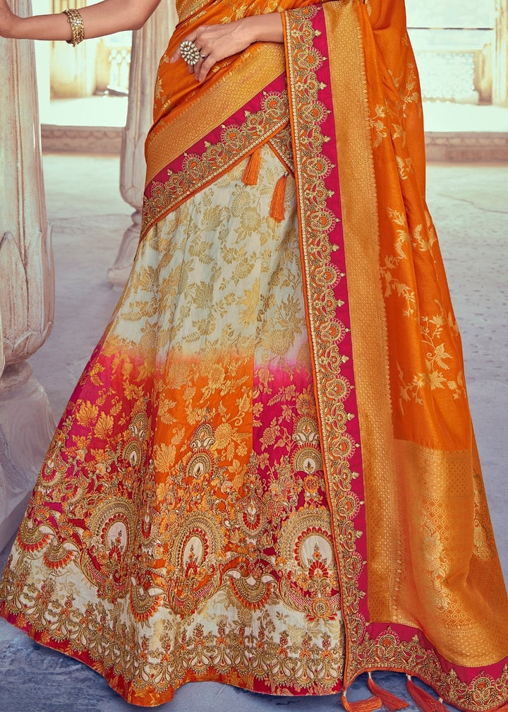 Daisy White & Orange Banarasi Silk Lehenga Choli with Khatli work Embroidery