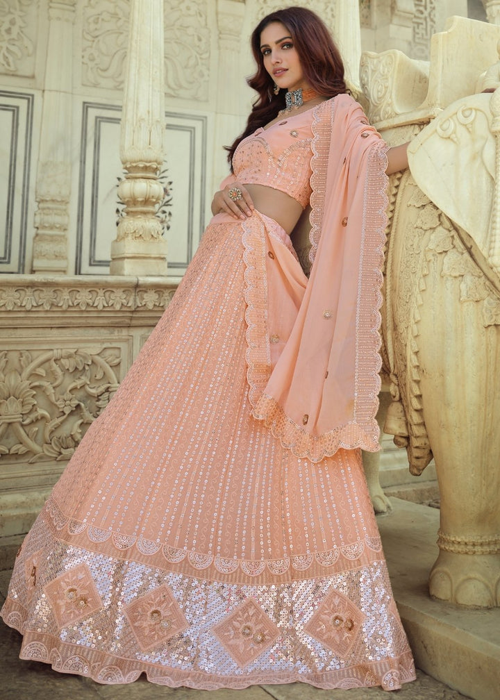 Salmon Pink Georgette Lehenga Choli with Sequins & Thread work