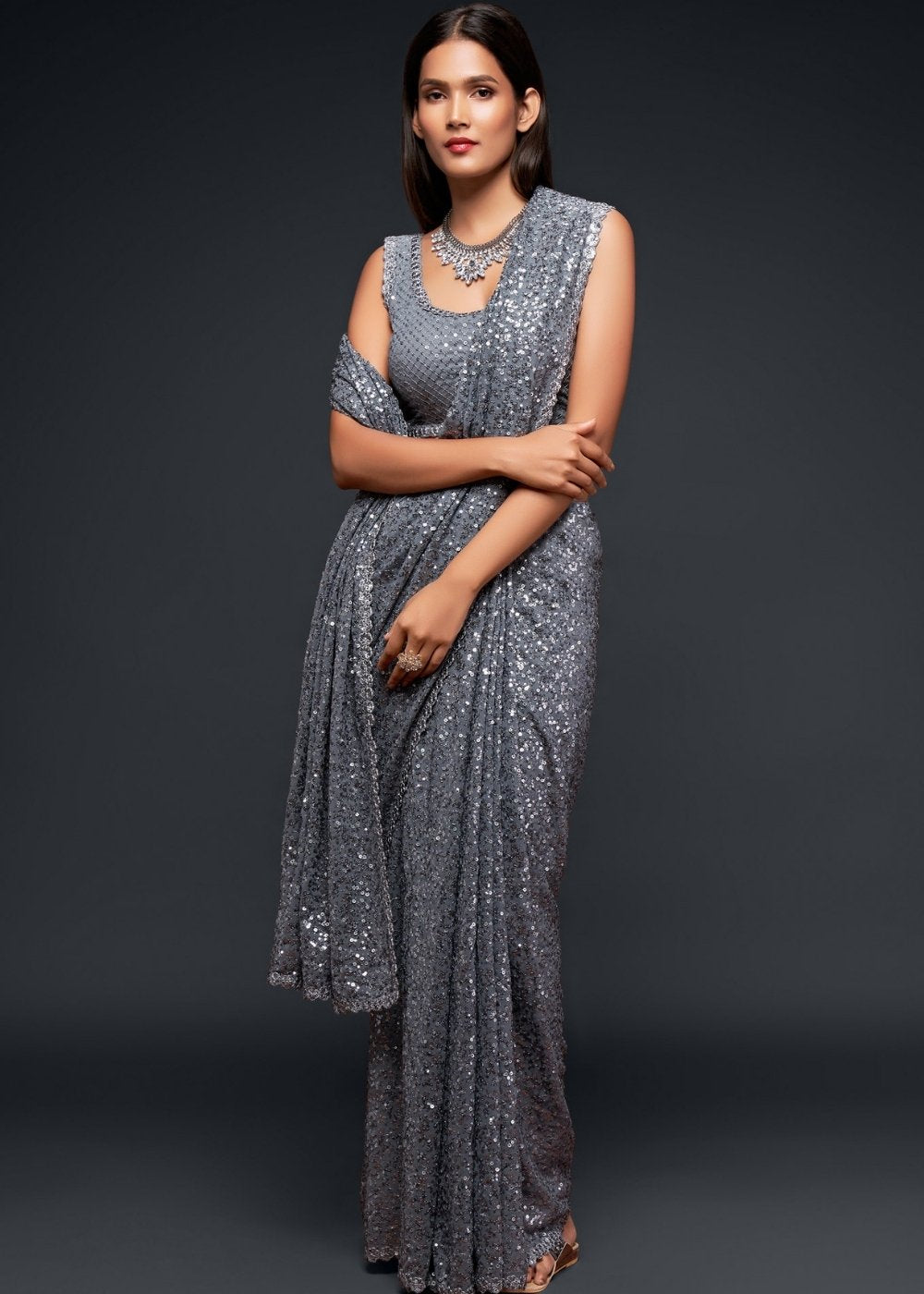 Silver Grey Sequins & Thread Embroidered Designer Georgette Saree