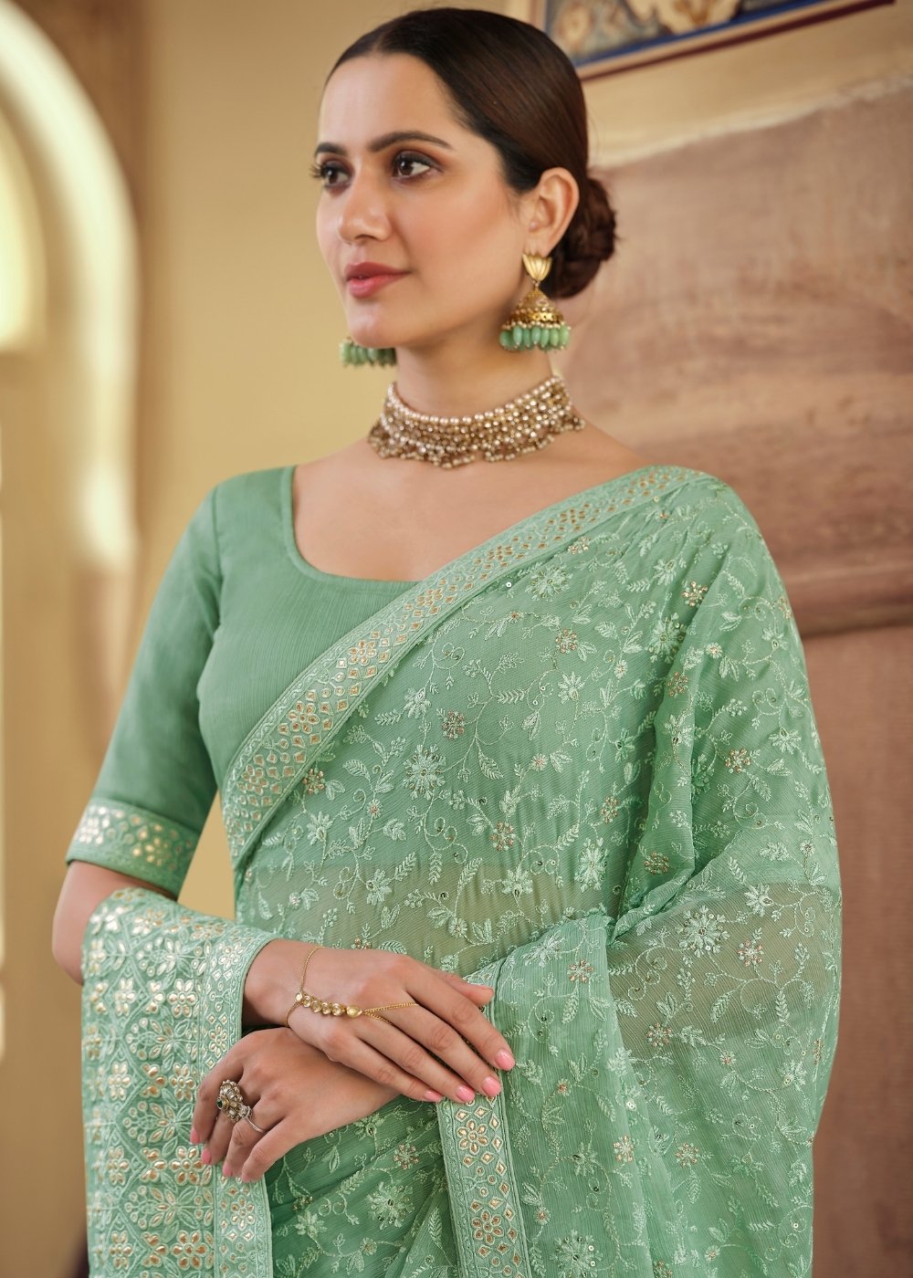 Chateau Green Designer Chiffon Saree with Gota & Resham work