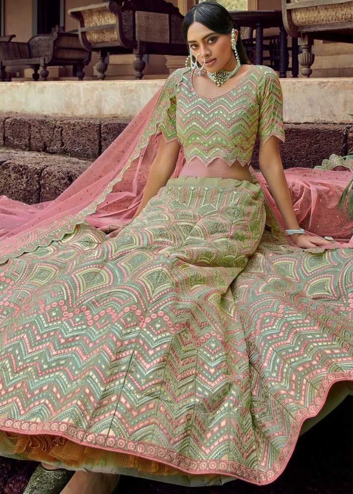 Pista Green Organza Lehenga Choli with Gota & Resham work