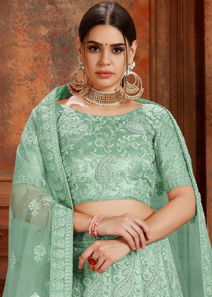 Pista Green Soft Net Lehenga Choli with Thread, Zarkan & Pearl work