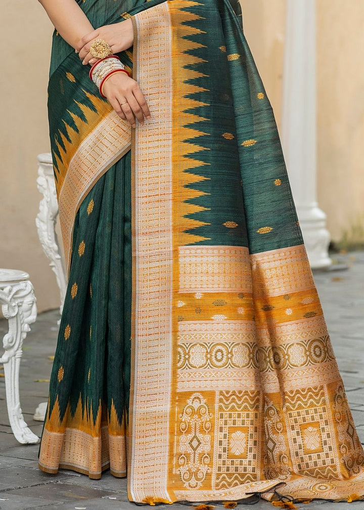 Pine Green Tussar Silk Saree with Heavy Zari work Pallu