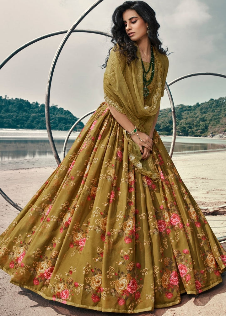 Avocado Green Designer Printed Organza Lehenga with Soft Net Dupatta