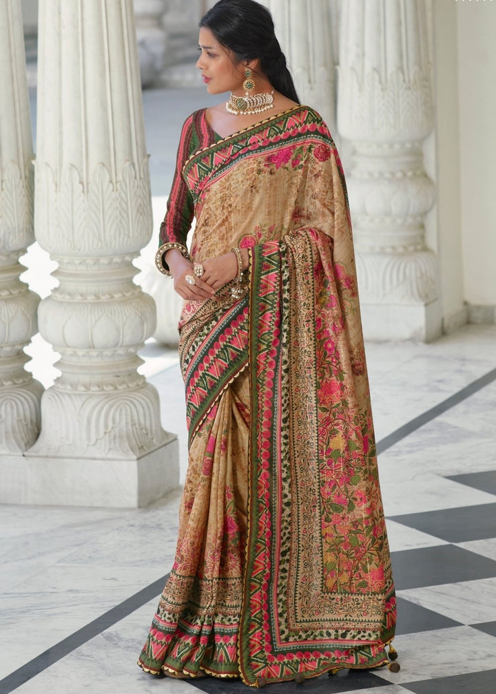 Beige Brown Floral Digital Print Silk Saree