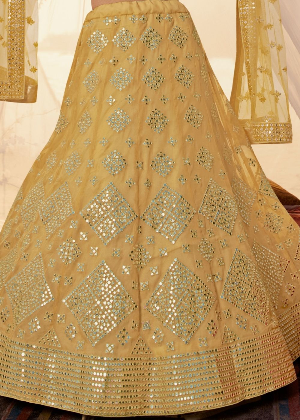 Canary Yellow Organza Lehenga Choli with Thread, Foli and Mirror work