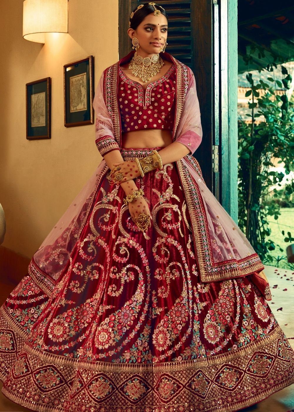 Berry Red Bridal Velvet Lehenga Choli with Embroidery & Hand work