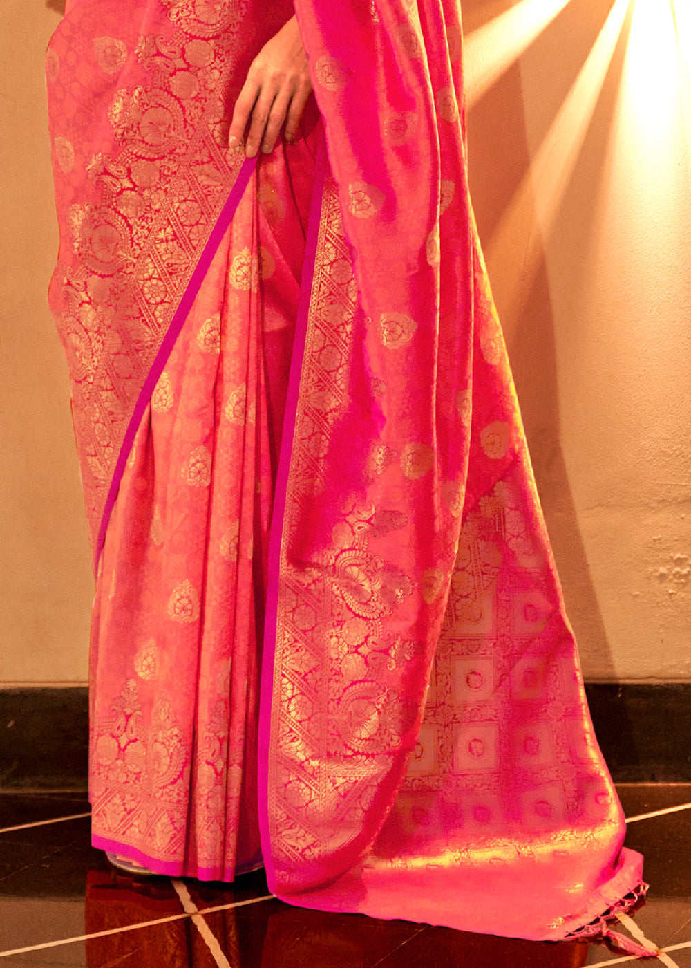 Fiery Rose Pink Handloom Woven Banarasi Silk Saree