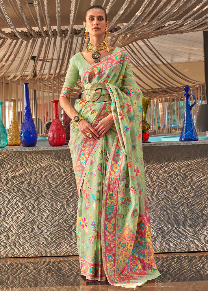 Pastel Green Jamawar Woven Cotton Silk Saree