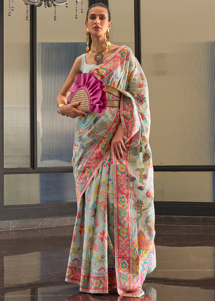 Light Blue Jamawar Woven Cotton Silk Saree