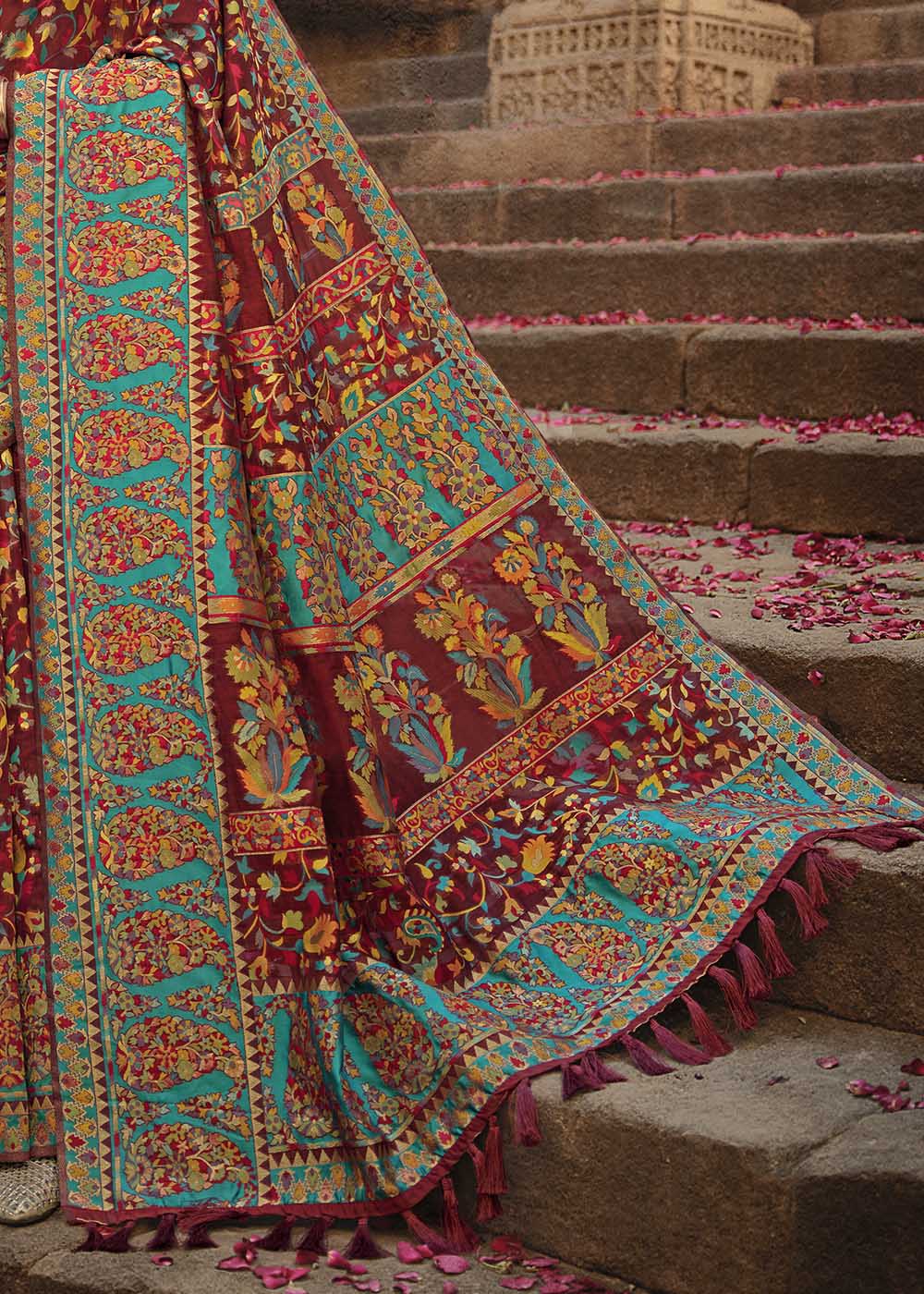 Garnet Red Banarasi Kora Silk Saree with Pashmina Weaving & Zari Border Pallu