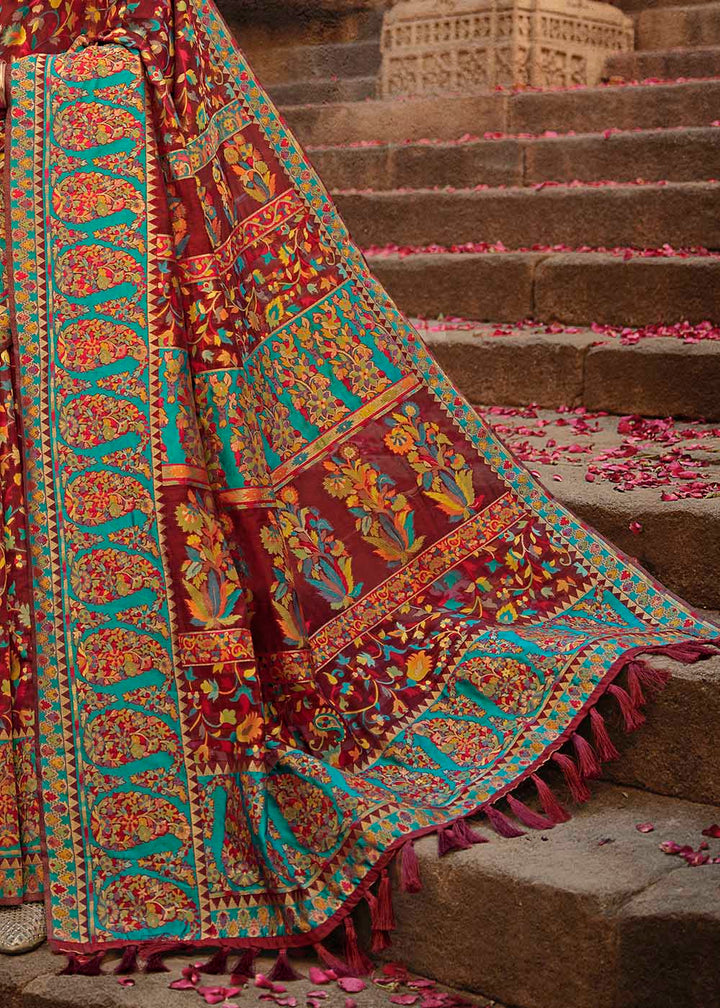 Garnet Red Banarasi Kora Silk Saree with Pashmina Weaving & Zari Border Pallu