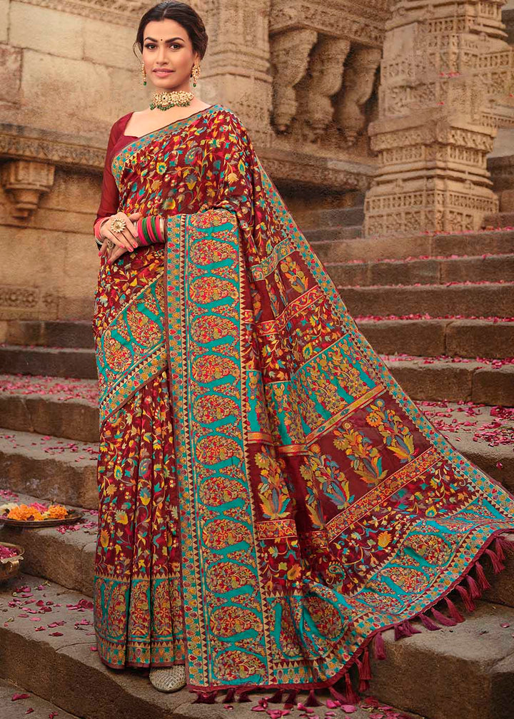 Garnet Red Banarasi Kora Silk Saree with Pashmina Weaving & Zari Border Pallu