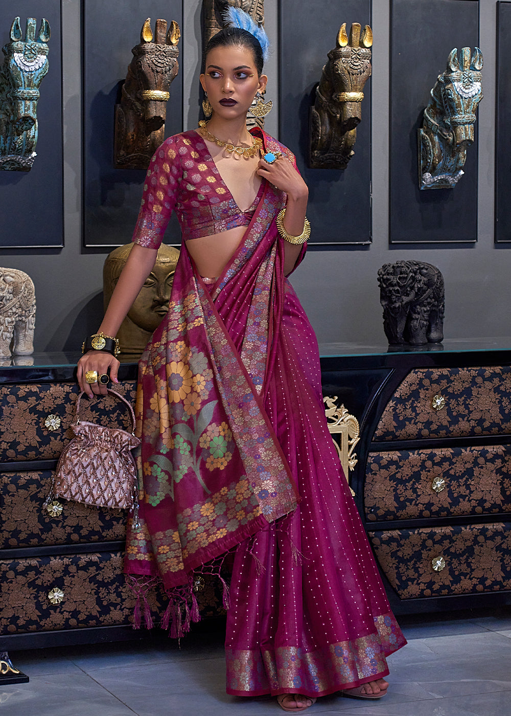 Plum Purple Handloom Woven Dual Tone Organza Silk Saree with Sequins Work