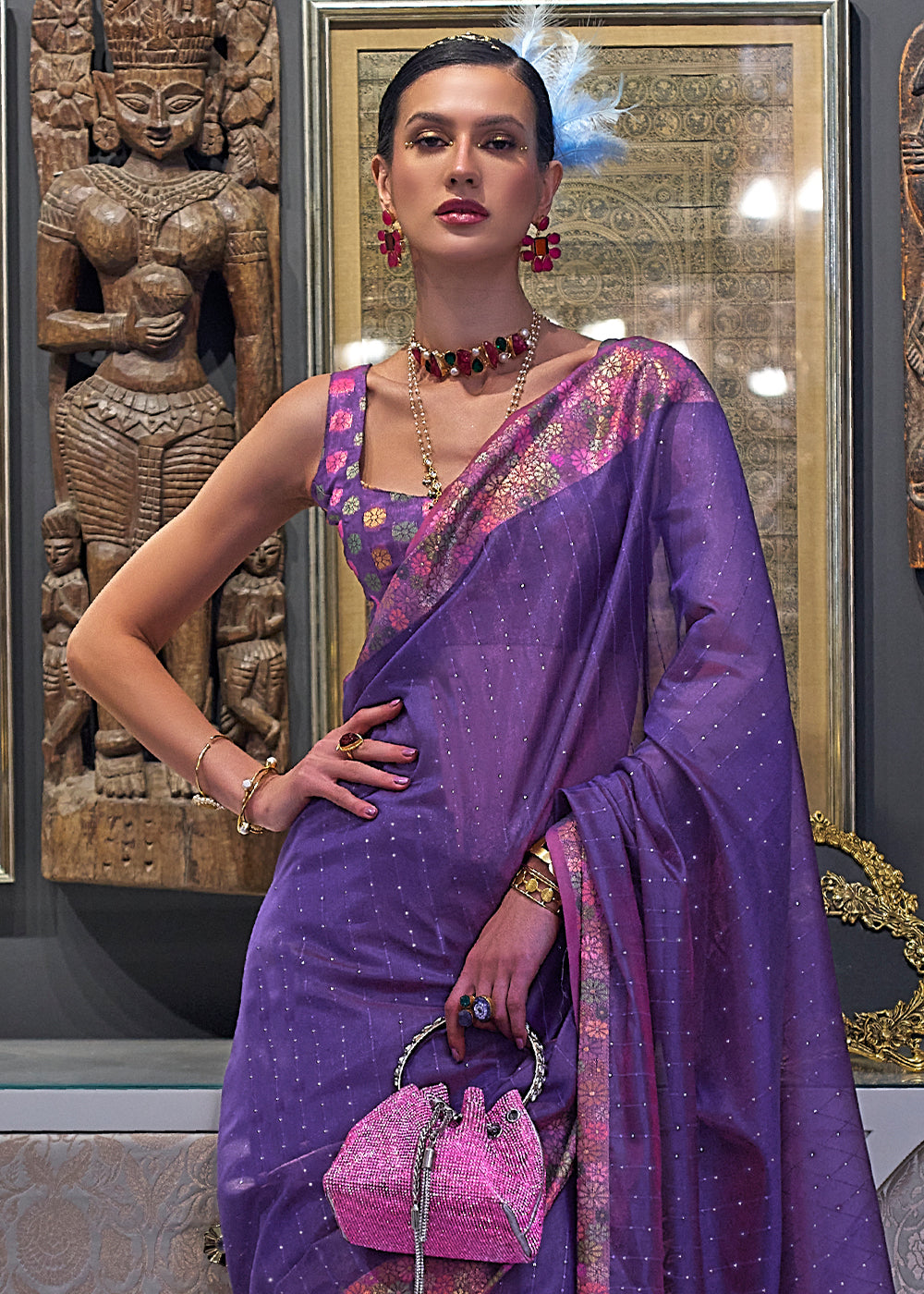 Eminence Purple Handloom Woven Dual Tone Organza Silk Saree with Sequins Work