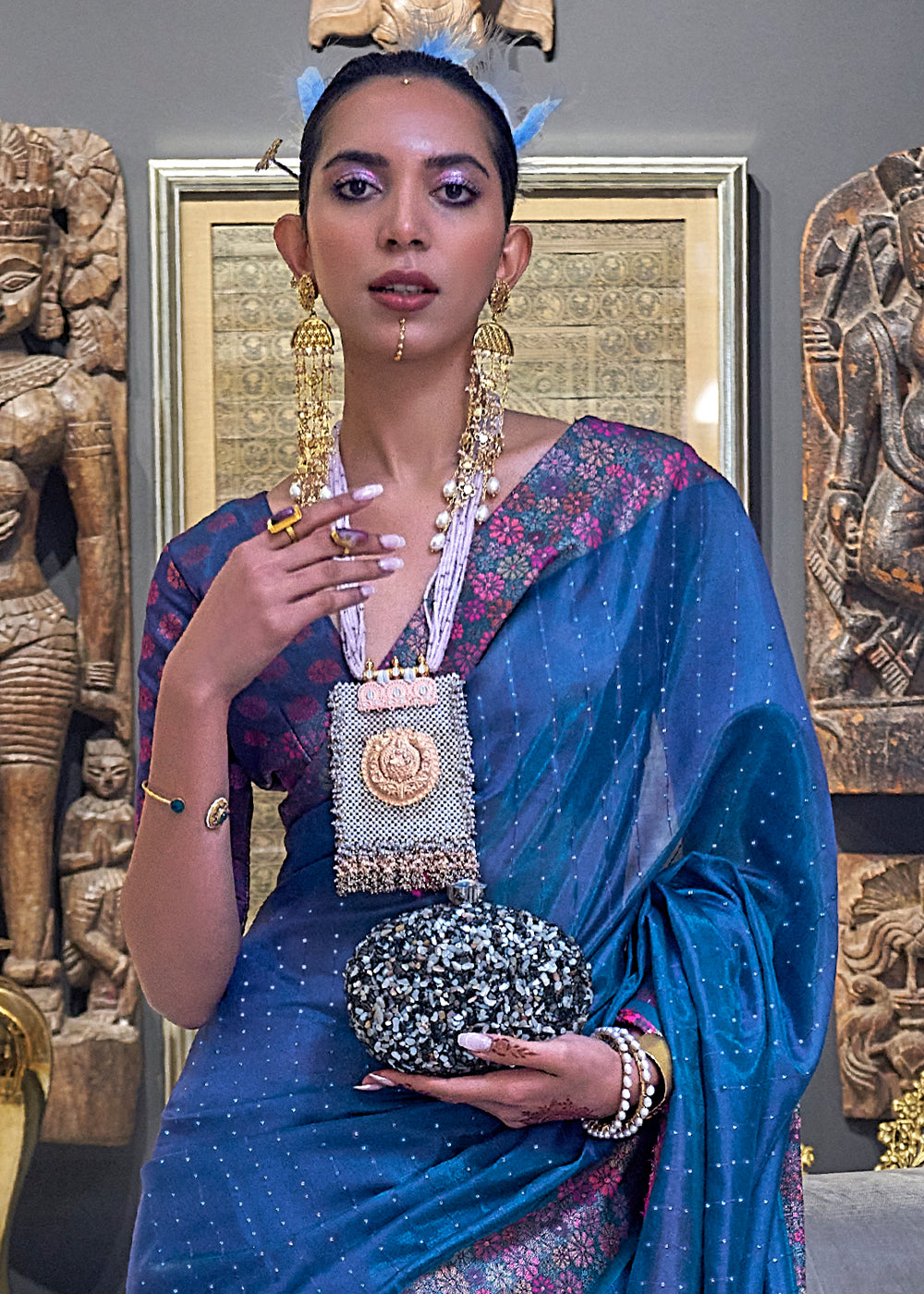 Cobalt Blue Handloom Woven Dual Tone Organza Silk Saree with Sequins Work