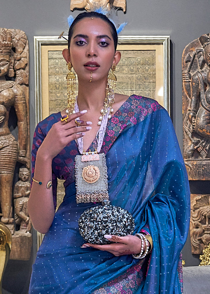 Cobalt Blue Handloom Woven Dual Tone Organza Silk Saree with Sequins Work