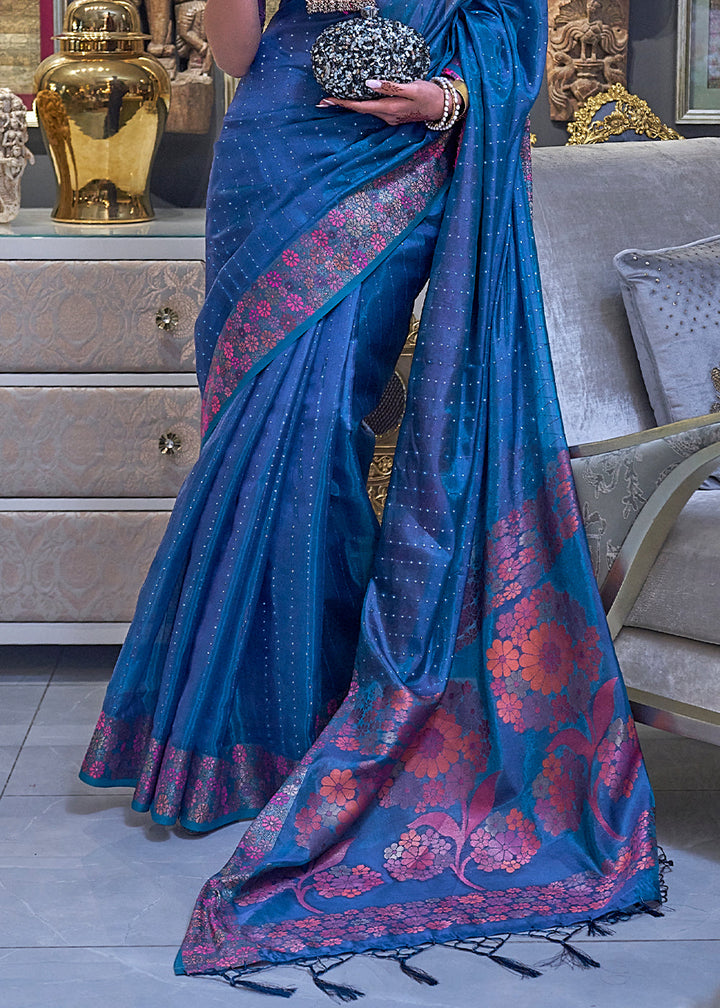 Cobalt Blue Handloom Woven Dual Tone Organza Silk Saree with Sequins Work