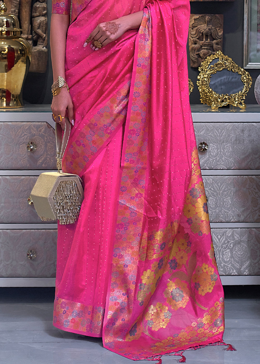 Rose Pink Handloom Woven Dual Tone Organza Silk Saree with Sequins Work