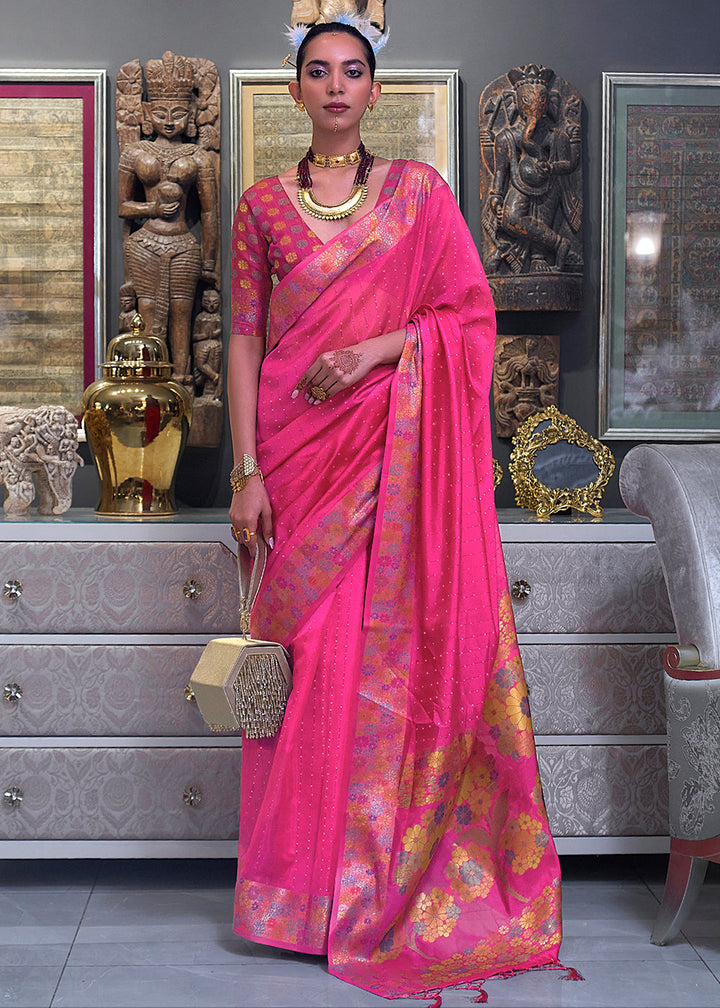 Rose Pink Handloom Woven Dual Tone Organza Silk Saree with Sequins Work