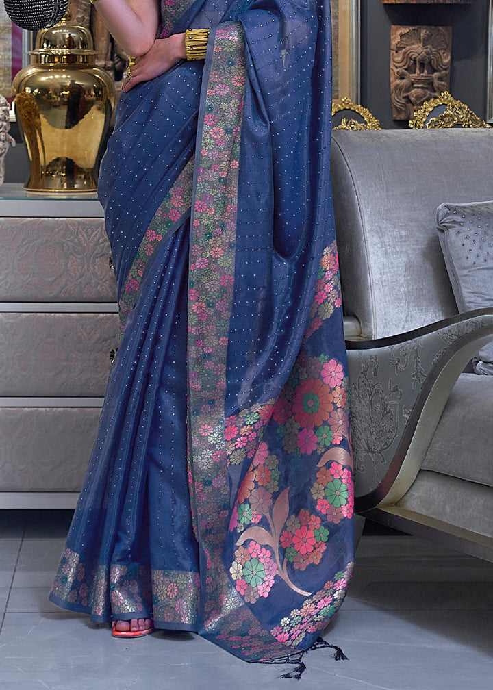 Midnight Blue Handloom Woven Dual Tone Organza Silk Saree with Sequins Work