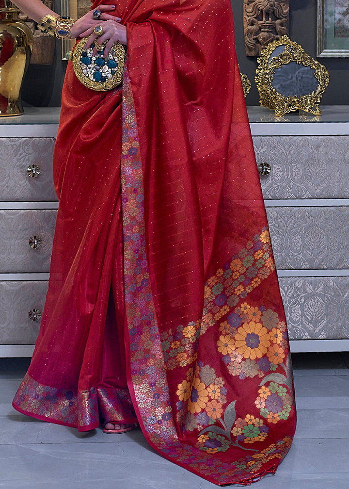 Crimson Red Handloom Woven Dual Tone Organza Silk Saree with Sequins Work