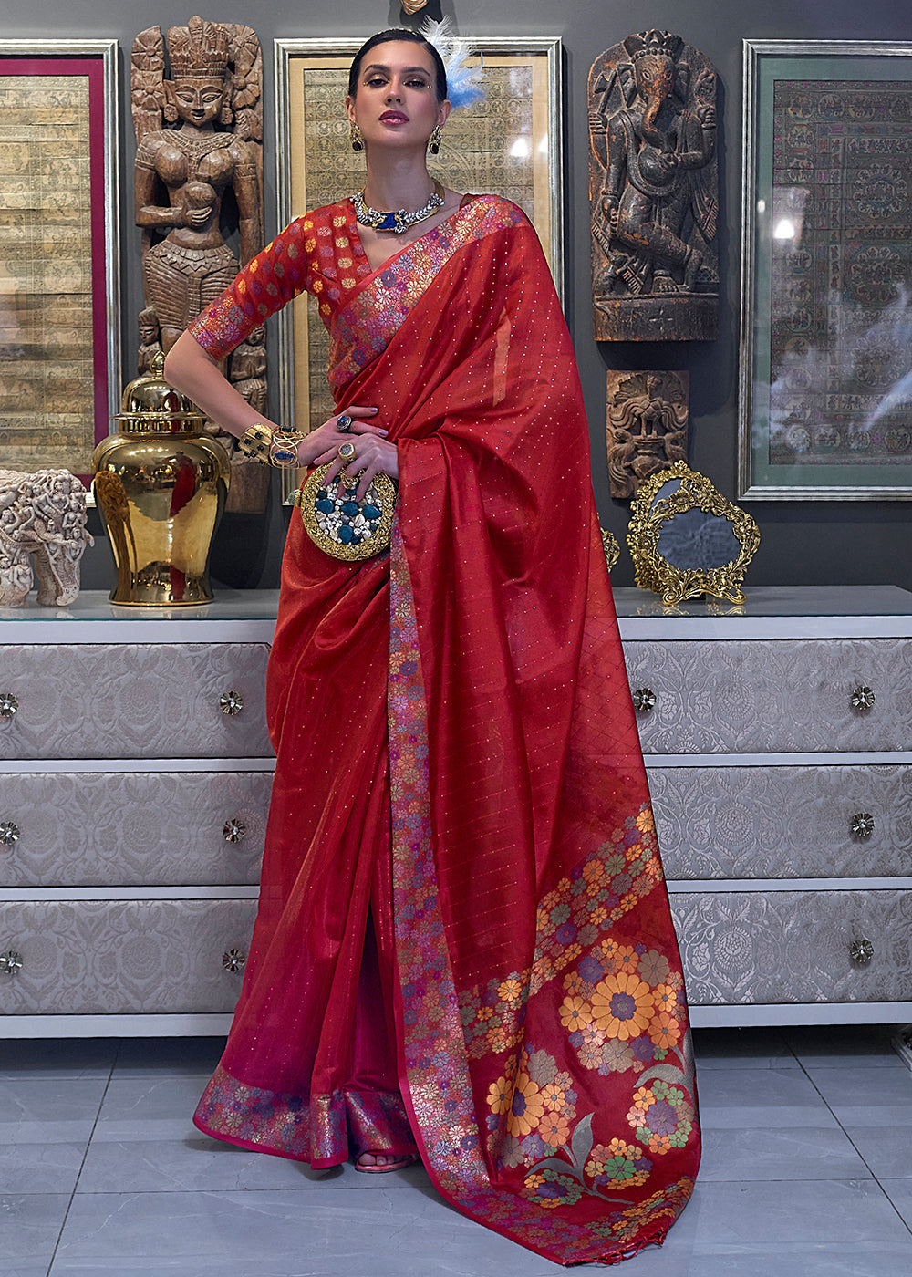 Crimson Red Handloom Woven Dual Tone Organza Silk Saree with Sequins Work