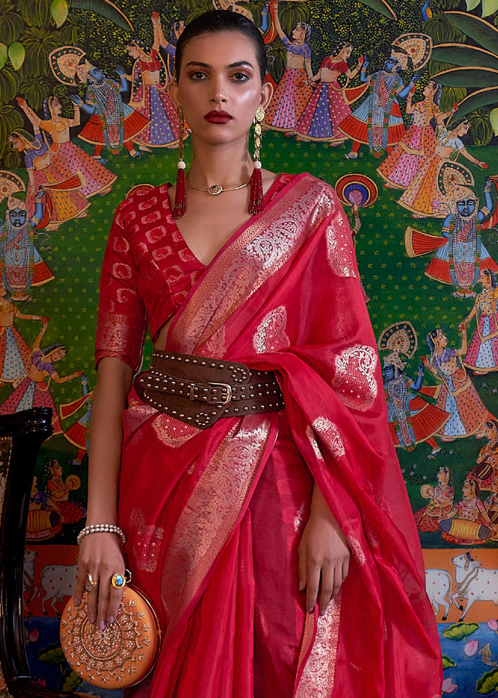 Ruby Red Handloom Woven Dual Tone Organza Silk Saree with Sequins Work