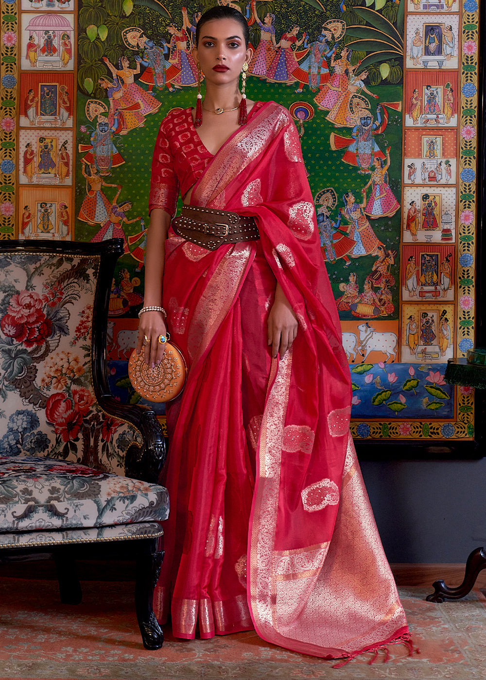 Ruby Red Handloom Woven Dual Tone Organza Silk Saree with Sequins Work