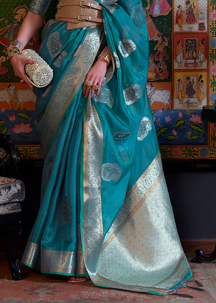 Dark Cerulean Blue Handloom Woven Dual Tone Organza Silk Saree with Sequins Work