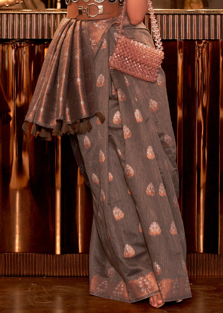 Umber Brown Copper Zari Woven Linen Silk Saree