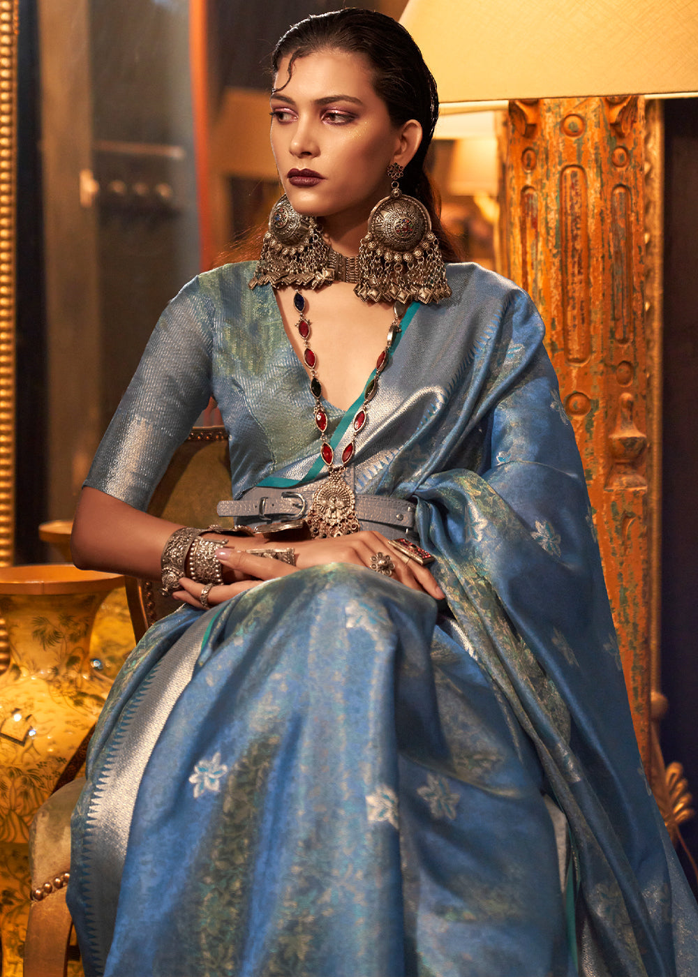 Steel Blue Two Tone Handloom Woven Organza Silk Saree