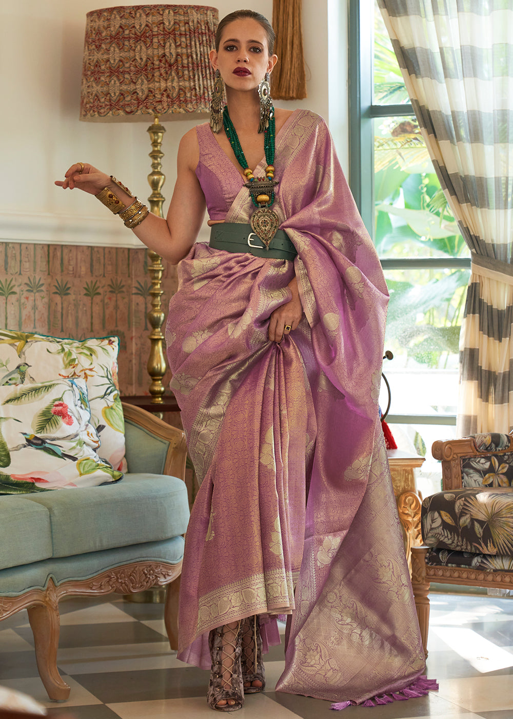 Lilac Purple Woven Satin Tissue Silk Saree